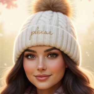 NWOT Cream Knit Beanie with Pom Pom